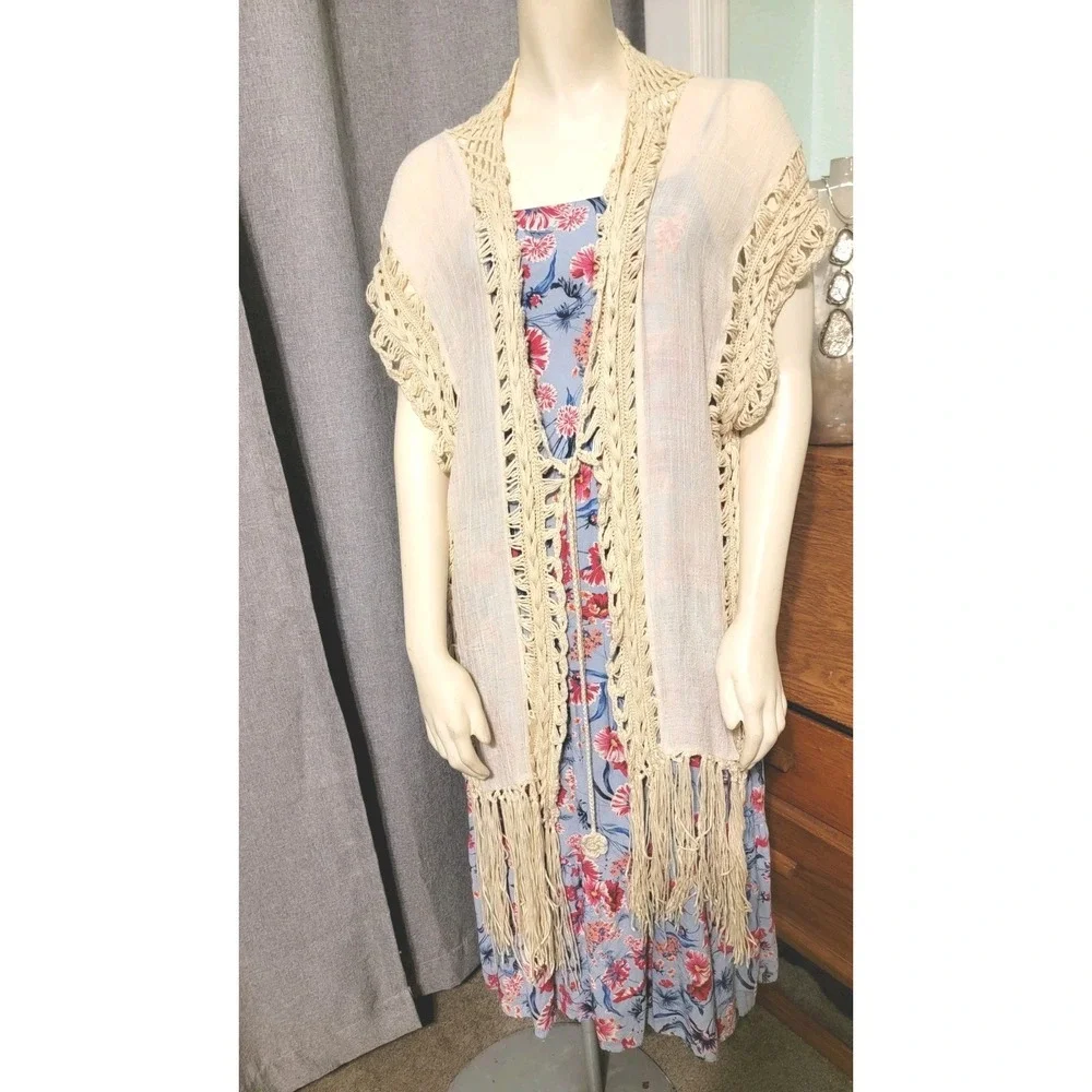 Boho‎ Crochet Kimono Cardigan With Fringe Sweater Women's Size S/M Kori America